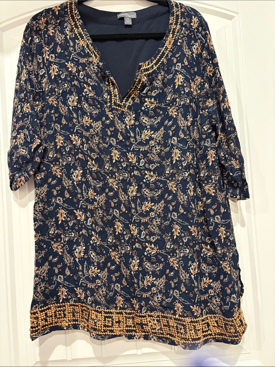 Market & Spruce Tops - Market Spruce Navy Paisley Tunic with Gold Embellished Trim